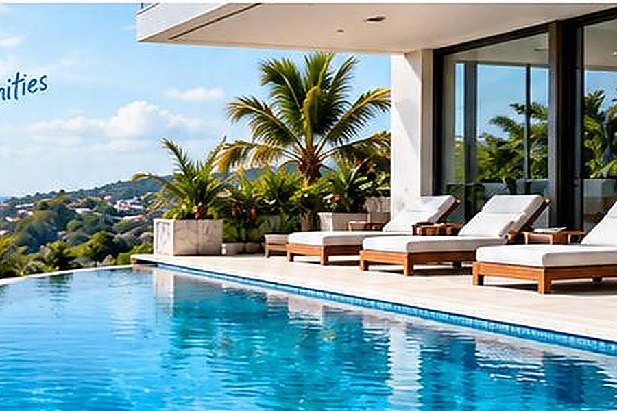 Pristine swimming pool and lounge chairs at BECCA Pools