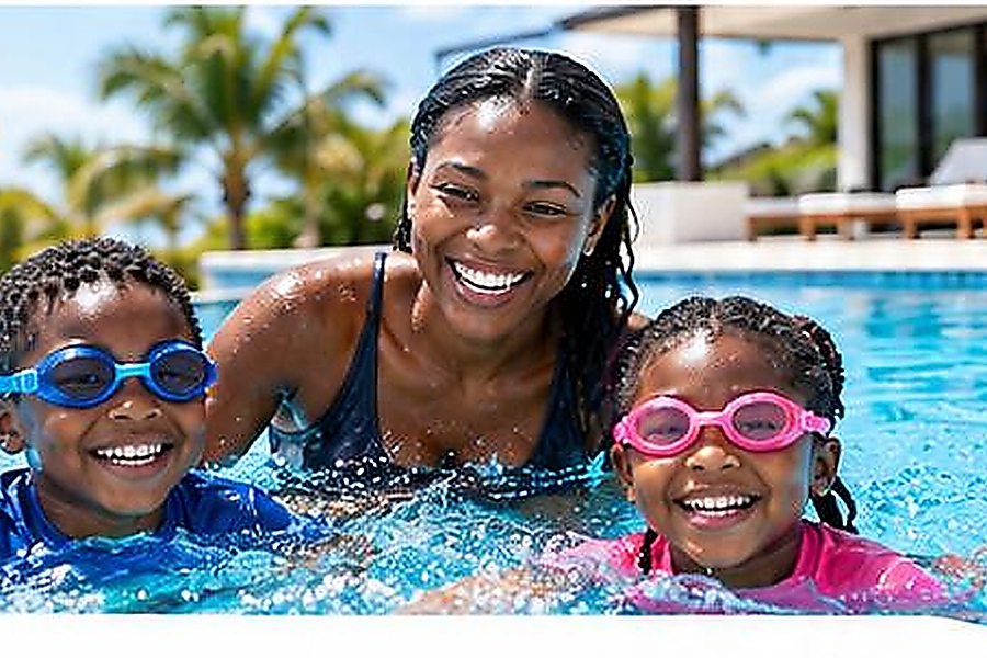 Smiling children with swimming goggles learning to swim