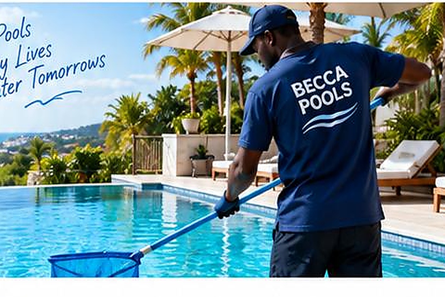 Pool technician cleaning water with brush